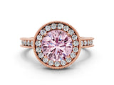 Rose gold Fancy Pink Round Cut Diamond Milgrain Halo Engagement Ring with Round Pavé Band and Prong Setting_12