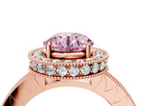 Rose gold Fancy Pink Round Cut Diamond Milgrain Halo Engagement Ring with Round Pavé Band and Prong Setting_16