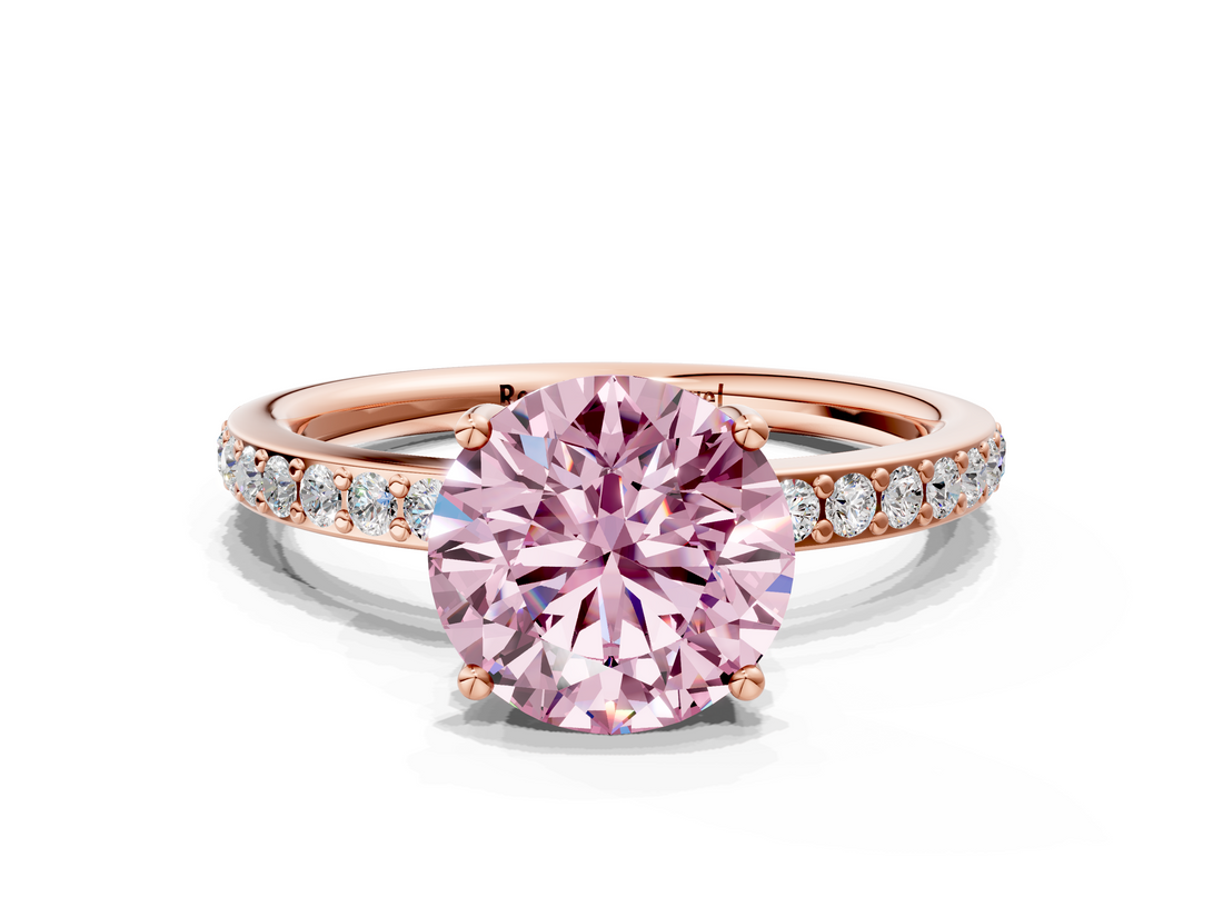 Rose gold Fancy Pink Round  Cut Diamond Pavé Band Ring with Four-Prong Setting