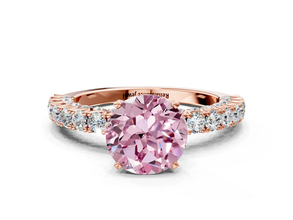 Rose gold Fancy Pink Round Cut Diamond Pavé Band Solitaire Ring with Prong Setting