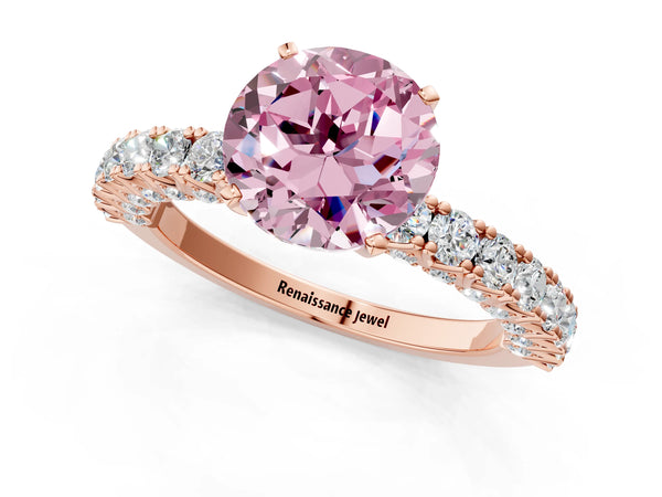 Rose gold Fancy Pink Round Cut Diamond Pavé Band Solitaire Ring with Prong Setting