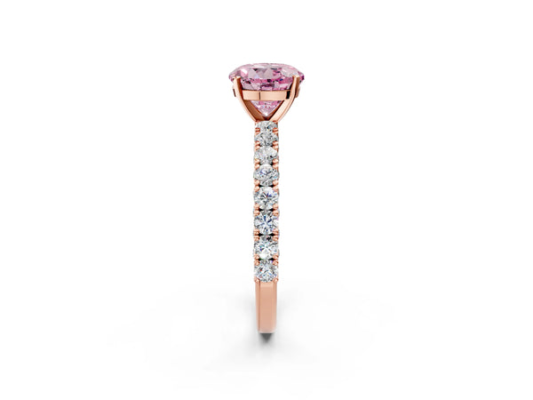 Rose gold Fancy Pink Round Cut Diamond Pavé Band Solitaire Ring with Prong Setting