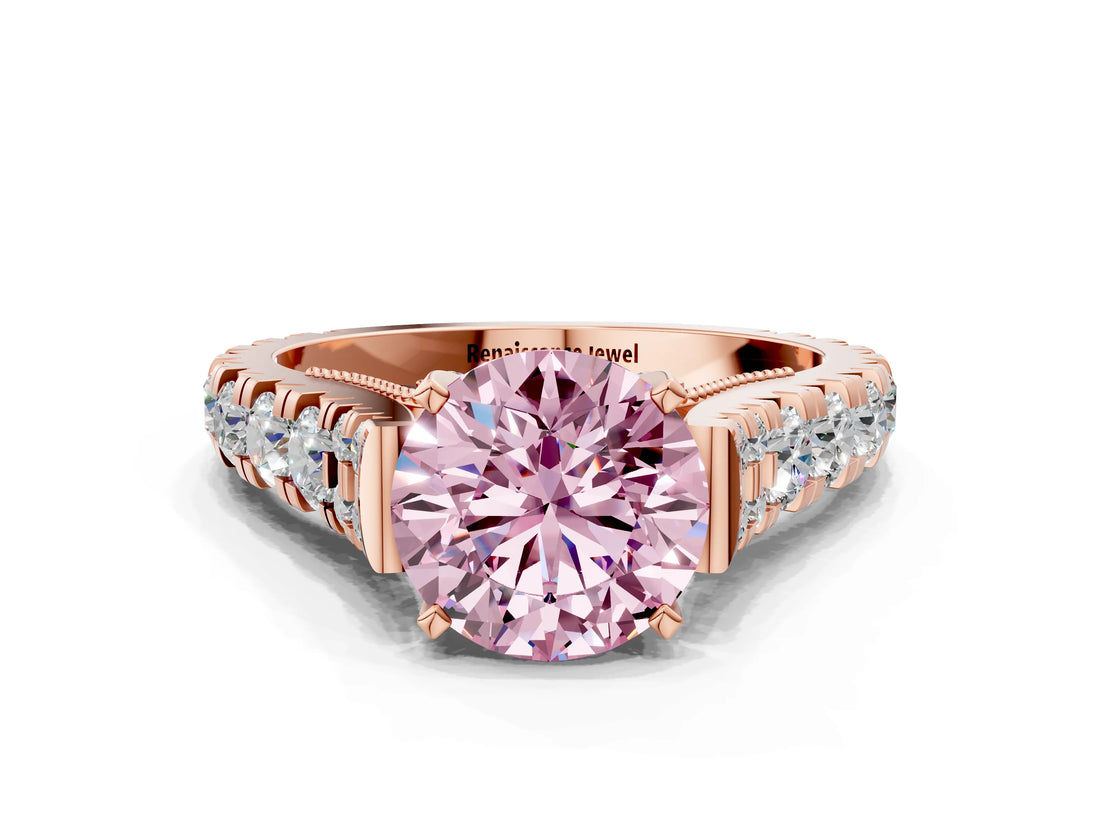 Rose gold Fancy Pink Round  Cut Diamond Pavé Band Solitaire with Four-Prong Setting_15