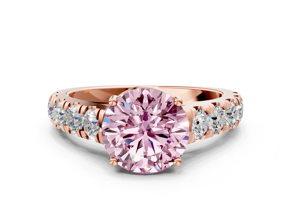 Rose gold Fancy Pink Round  Cut Diamond Solitaire Ring with Micro Pave Band and Prong Setting