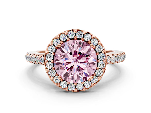 Rose gold Fancy Pink Round Cut Diamond Pavé Halo Ring with Four-Prong Setting