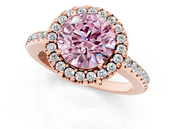 Rose gold Fancy Pink Round Cut Diamond Pavé Halo Ring with Four-Prong Setting