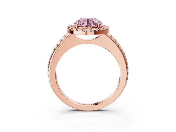 Rose gold Fancy Pink Round Cut Diamond Pavé Halo Ring with Four-Prong Setting