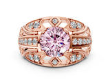 Rose gold Fancy Pink Round Cut Diamond Pave Art Deco Split Shank Ring with Four-Prong Setting