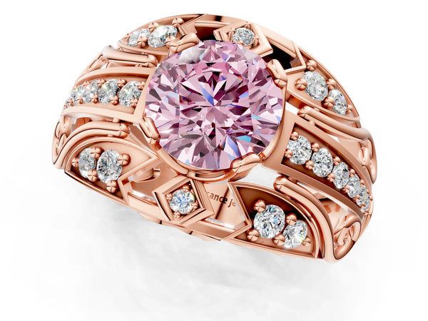 Rose gold Fancy Pink Round Cut Diamond Pave Art Deco Split Shank Ring with Four-Prong Setting