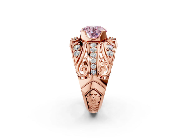 Rose gold Fancy Pink Round Cut Diamond Pave Art Deco Split Shank Ring with Four-Prong Setting