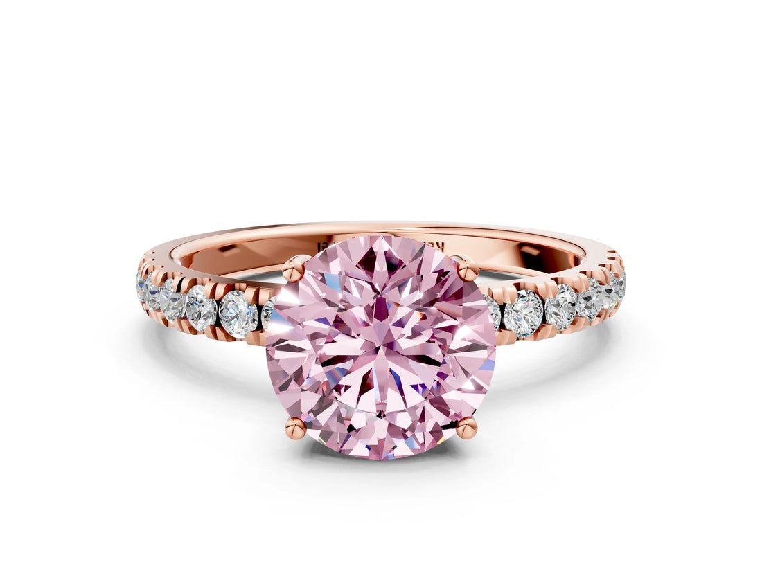 Rose gold Fancy Pink Round Cut Diamond Pave Band Solitaire Ring with Four-Prong Setting_17