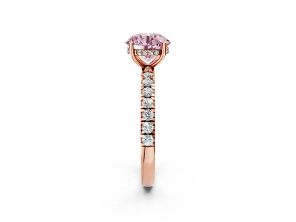 Rose gold Fancy Pink Round Cut Diamond Pave Band Solitaire Ring with Round  and Prong Setting