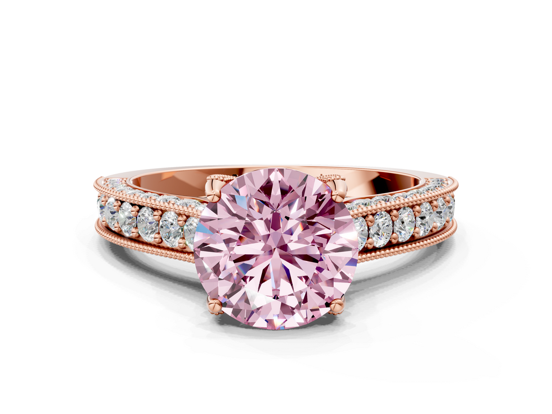 Rose gold Fancy Pink Round  Cut Diamond Pave Band with Four-Prong Setting