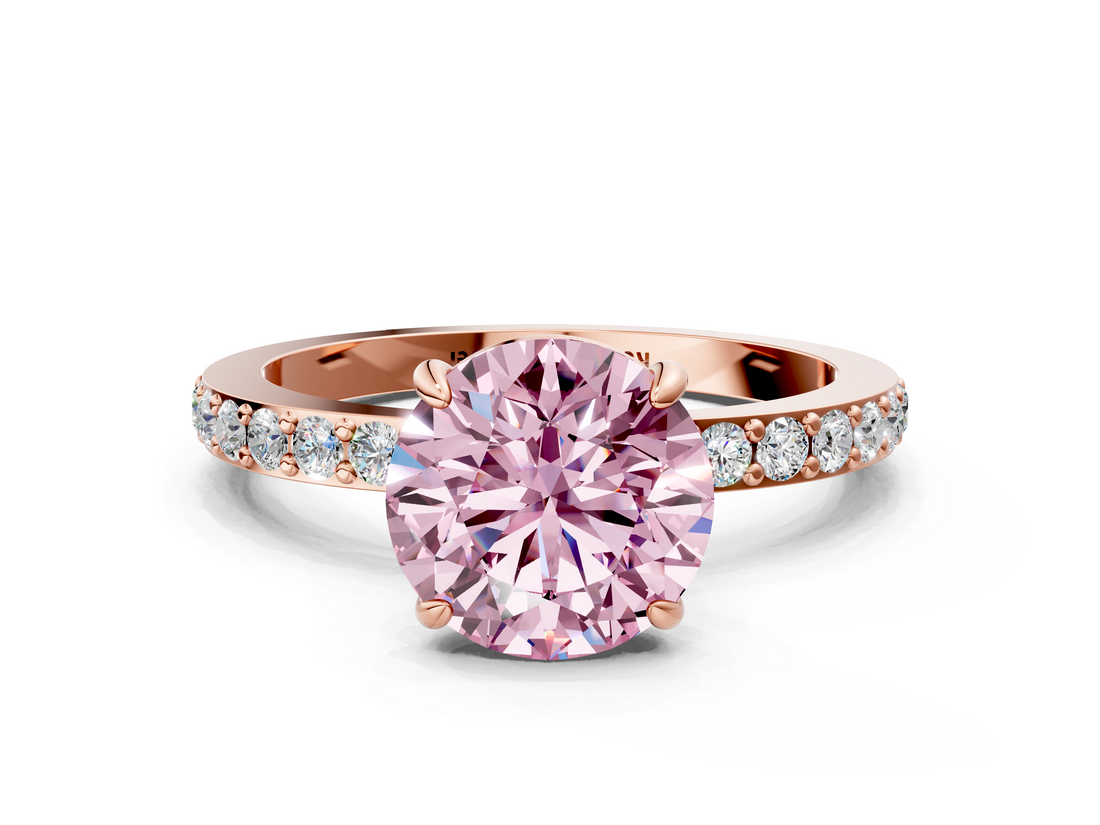 Rose gold Fancy Pink Round  Cut Diamond Ring with Pavé Band and Four-Prong Setting