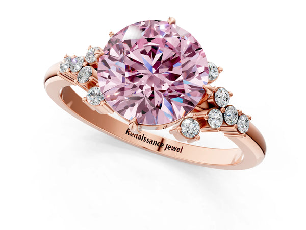 Rose gold Fancy Pink Round Cut Diamond Ring with Side Stones and Four-Prong Setting