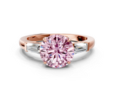 Rose gold Fancy Pink Round  Cut Diamond Ring with Tapered Baguette Side Stones in Four-Prong Setting