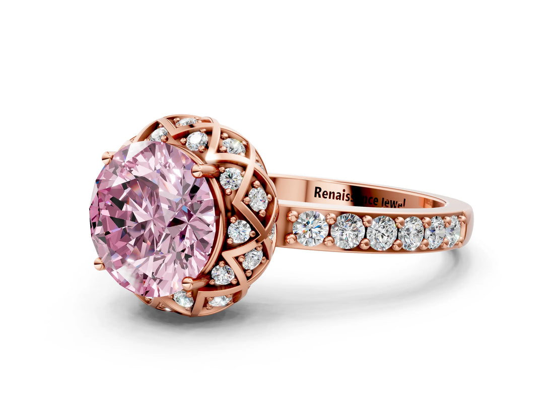 Rose gold Fancy Pink Round Cut Diamond Scalloped Halo Engagement Ring with Round Shared Prong Band_12