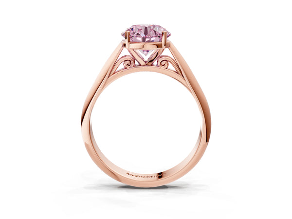 Rose gold Fancy Pink Round Cut Diamond Solitaire Engagement Ring with Cathedral Setting and Four-Prong Mount