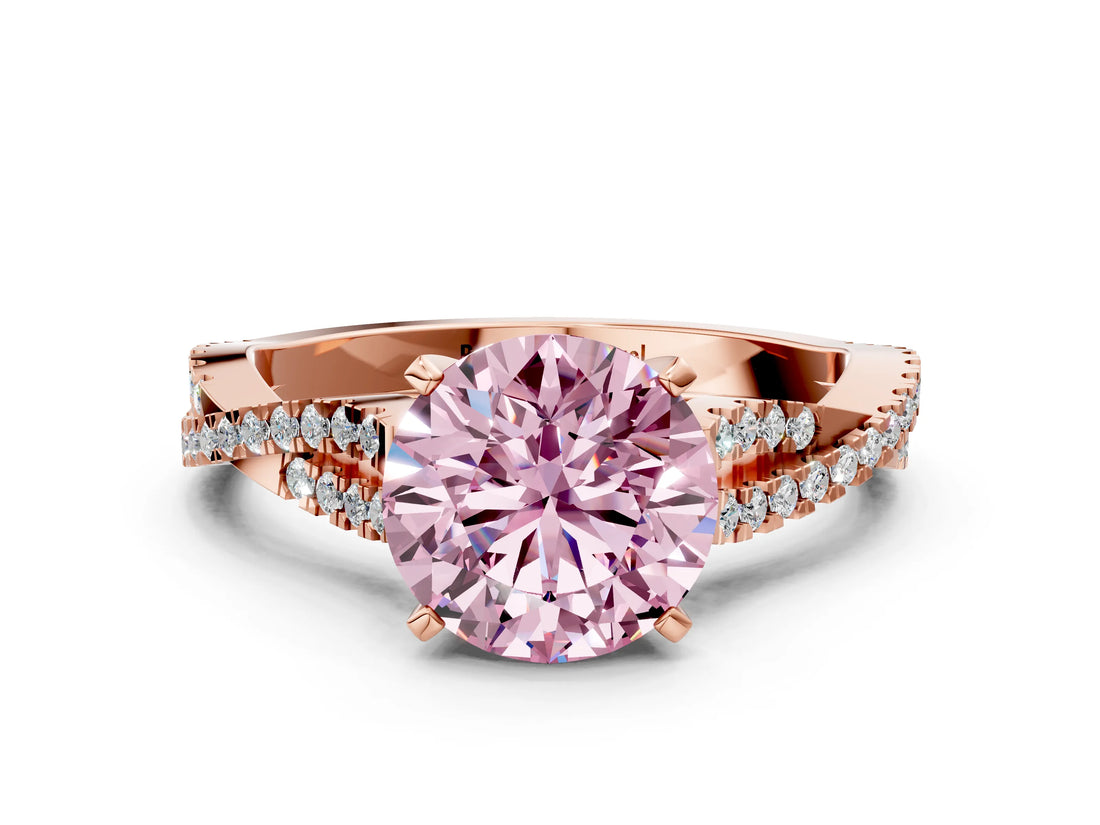 Rose gold Fancy Pink Round Cut Diamond Solitaire Engagement Ring with Twisted Pavé Band and Four-Prong Setting_48