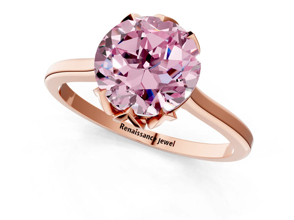 Rose gold Fancy Pink Round Cut Diamond Solitaire Ring with Flower Prong Setting and Classic Band