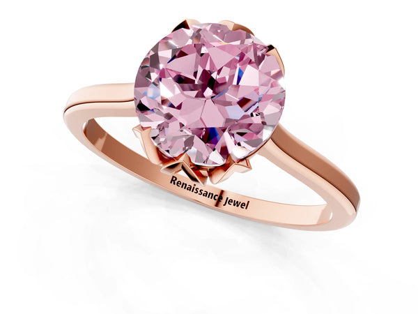 Rose gold Fancy Pink Round Cut Diamond Solitaire Ring with Flower Prong Setting and Classic Band
