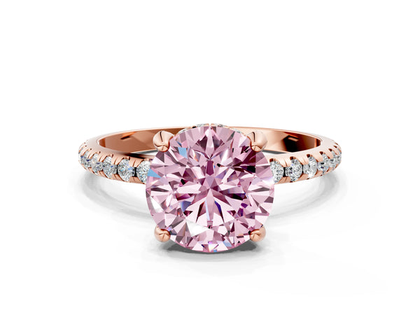 Rose gold Fancy Pink Round Cut Diamond Solitaire Ring with Four-Prong Setting and Pavé Band