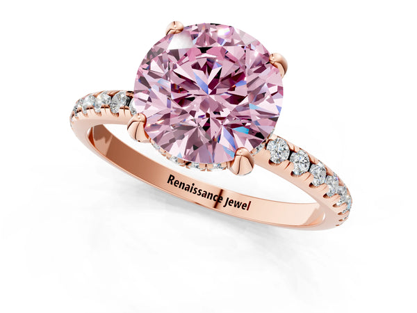Rose gold Fancy Pink Round Cut Diamond Solitaire Ring with Four-Prong Setting and Pavé Band