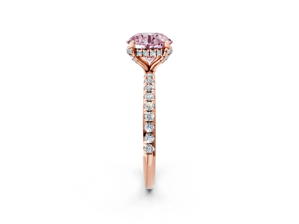 Rose gold Fancy Pink Round Cut Diamond Solitaire Ring with Four-Prong Setting and Pavé Band
