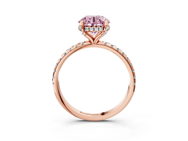 Rose gold Fancy Pink Round Cut Diamond Solitaire Ring with Four-Prong Setting and Pavé Band