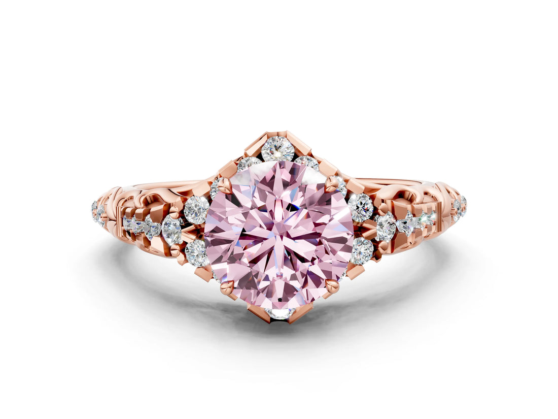 Rose gold Fancy Pink Round Cut Diamond Solitaire Ring with Hidden Halo and Pavé Band_27