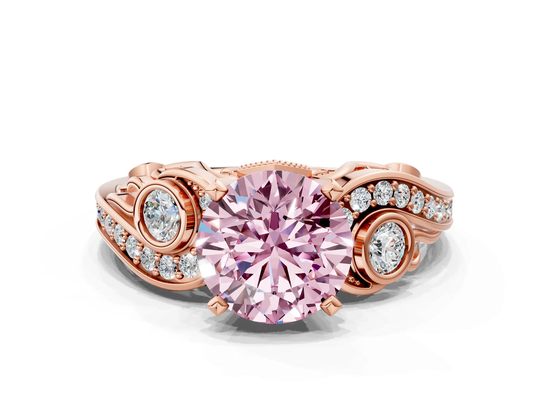 Rose gold Fancy Pink Round Cut Diamond Solitaire Ring with Milgrain Pavé Band and Four-Prong Setting_17