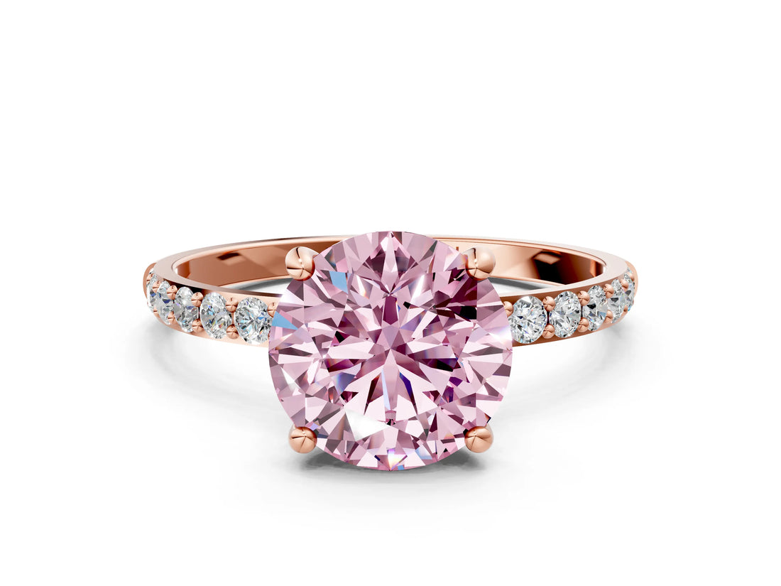 Rose gold Fancy Pink Round Cut Diamond Solitaire Ring with Pave Band and Four Prong Setting_17