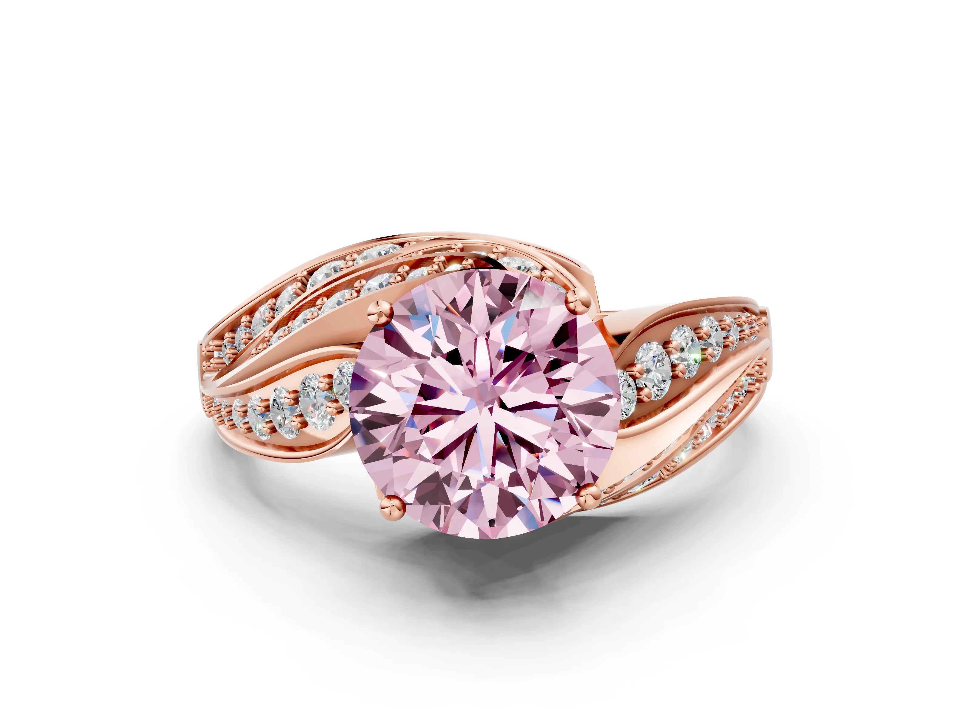 Rose gold Fancy Pink Round Cut Diamond Solitaire Ring with Prong Setting and Twisted Pavé Band