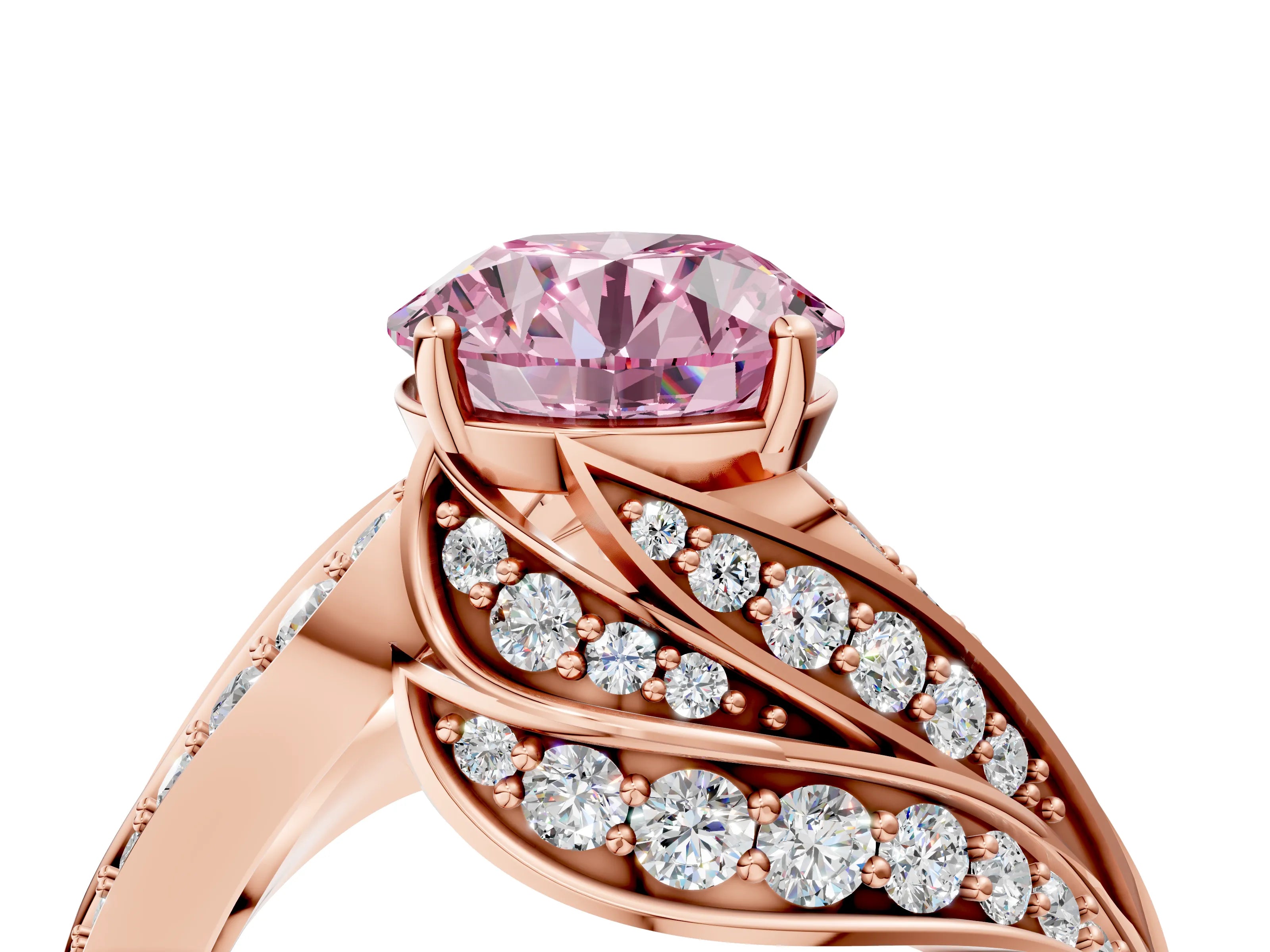 Rose gold Fancy Pink Round Cut Diamond Solitaire Ring with Prong Setting and Twisted Pavé Band_4
