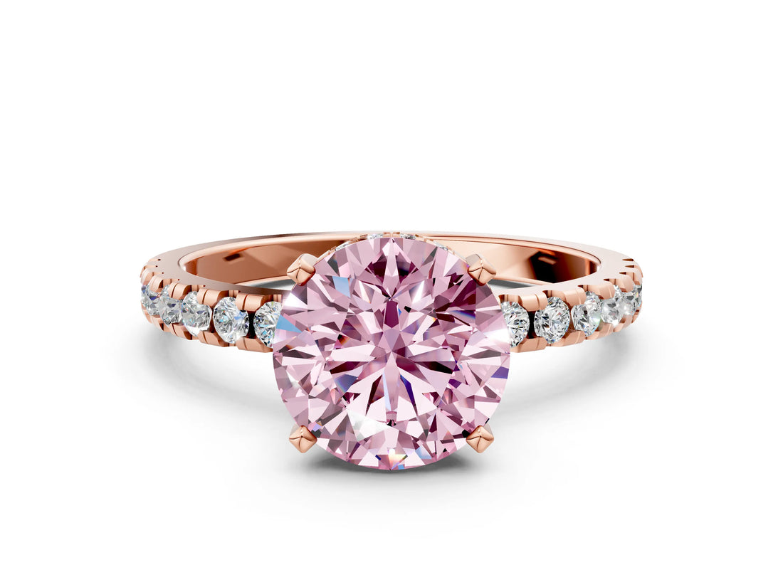 Rose gold Fancy Pink Round Cut Diamond Solitaire Ring with Round  Pavé Band and Four-Prong Setting_36