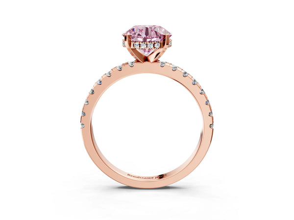 Rose Gold Round Hidden Halo Solitaire Engagement Ring Setting for Fancy Pink Center with Single Row Pave Band