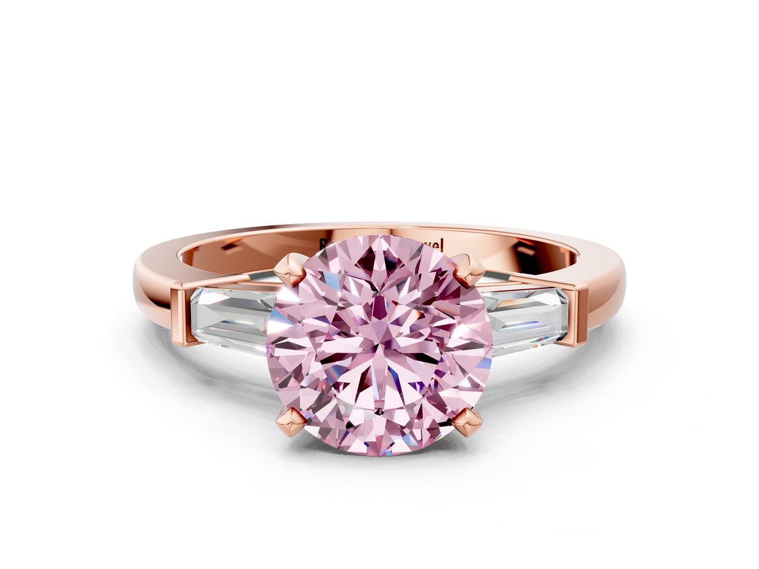 Rose gold Fancy Pink Round  Cut Diamond Solitaire Ring with Tapered Baguette Accents and Four-Prong Setting
