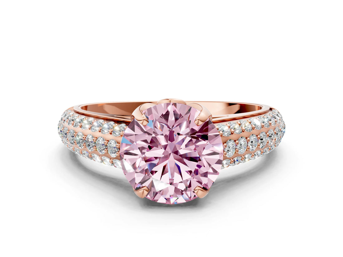 Rose gold Fancy Pink Round Cut Diamond Solitaire Ring with Three-Row Pavé Band and Four-Prong Setting_17