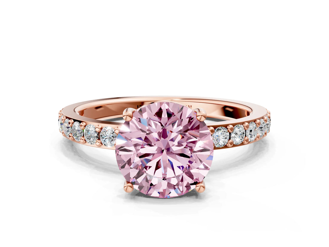 Rose gold Fancy Pink Round  Cut Diamond Solitaire with Pave Band and Four-Prong Setting 1