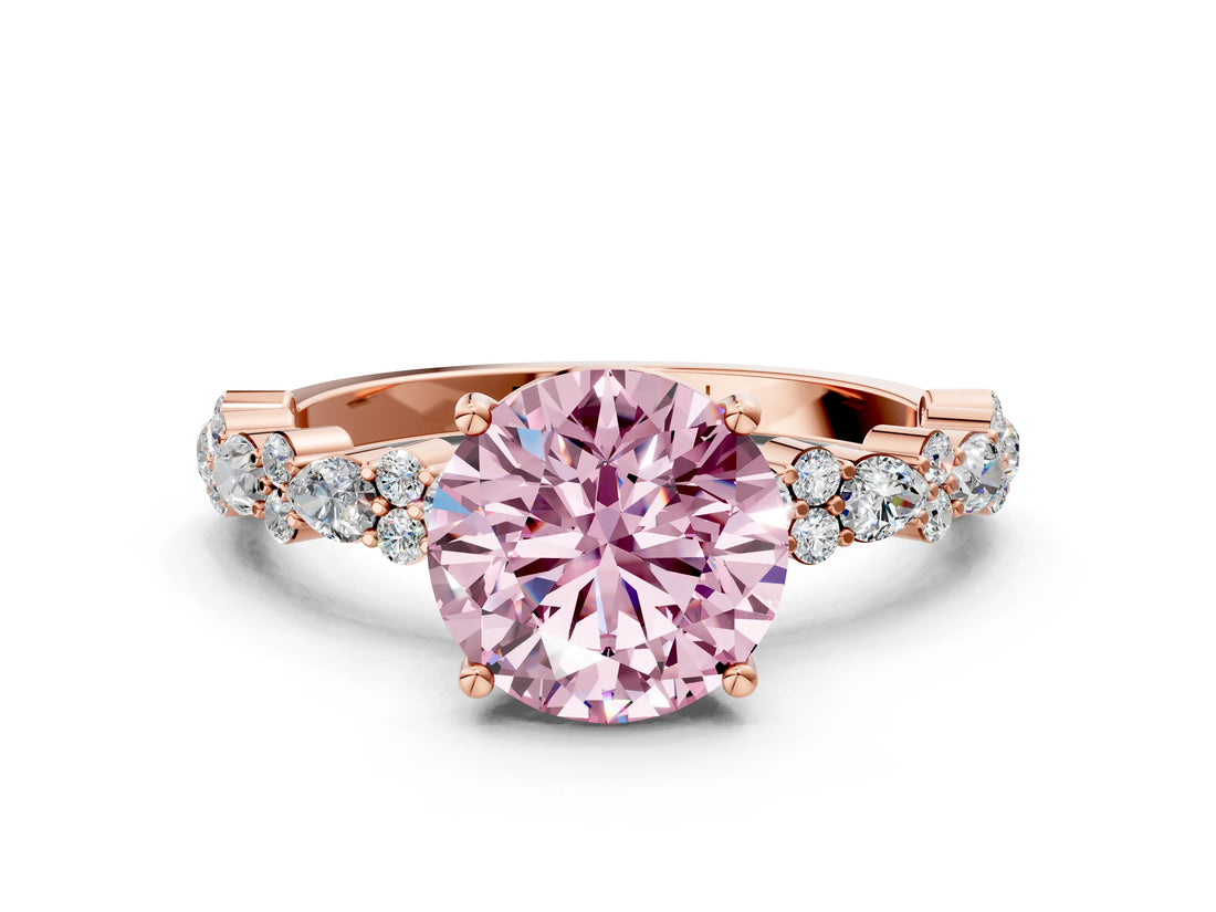 Rose gold Fancy Pink Round Cut Diamond Solitaire with Side Stones, Pave Band, Four-Prong Setting_30