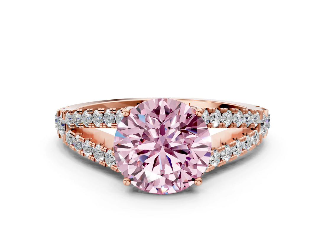 Rose gold Fancy Pink Round Cut Diamond Split Shank Pavé Engagement Ring with Four-Prong Setting_17