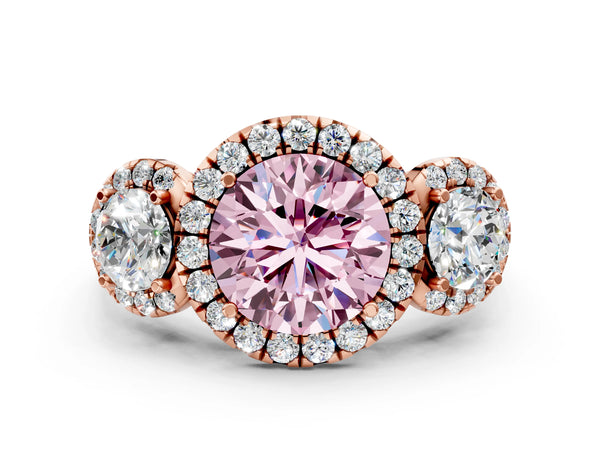 Rose Gold Round Three Stone Halo Engagement Ring Setting for Fancy Pink Center