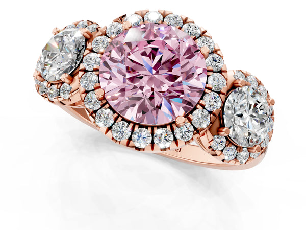 Rose Gold Round Three Stone Halo Engagement Ring Setting for Fancy Pink Center