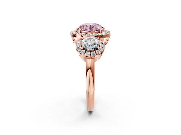 Rose Gold Round Three Stone Halo Engagement Ring Setting for Fancy Pink Center