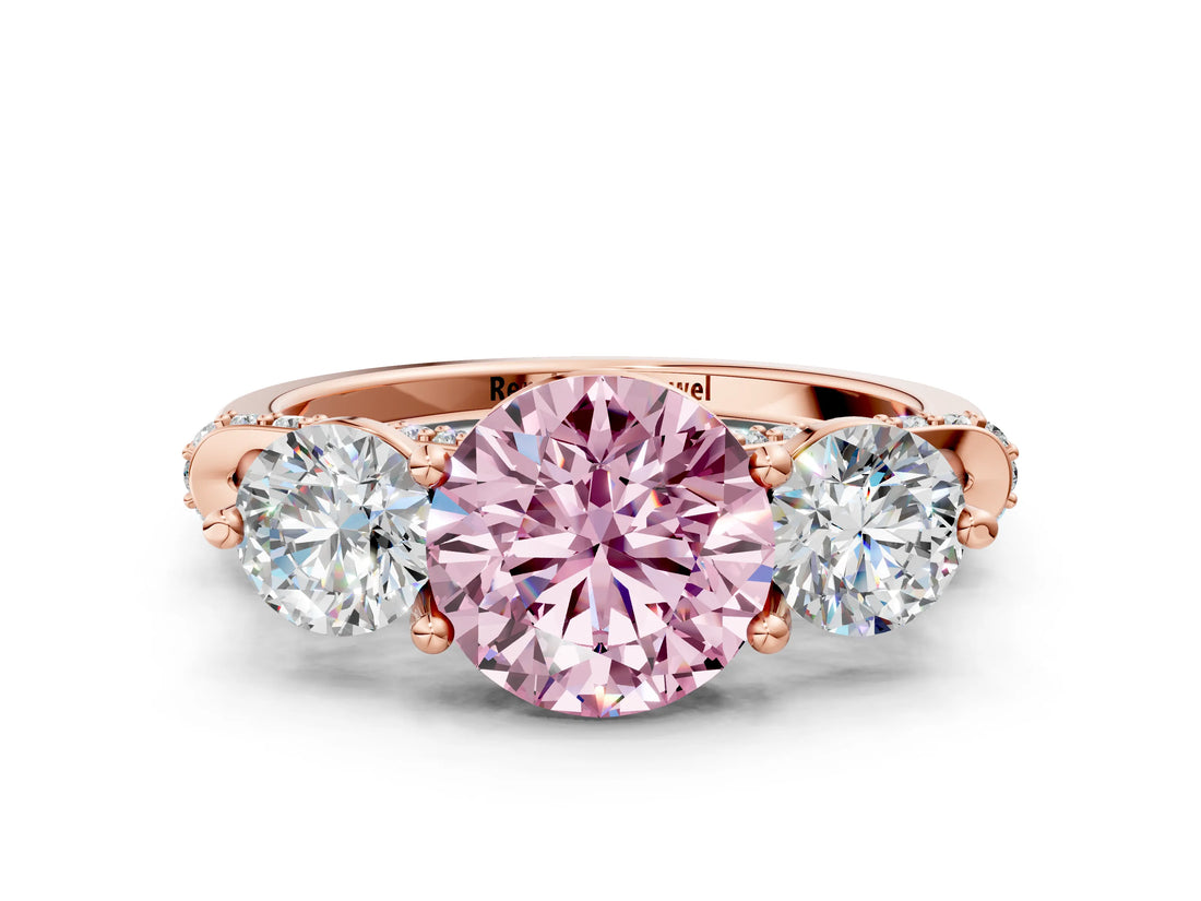 Rose gold Fancy Pink Round Cut Diamond Three-Stone Ring with Prong Setting and Pavé Band