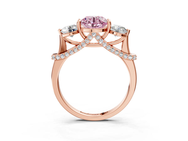 Rose Gold Round Curved Pave Three Stone Engagement Ring Setting for Fancy Pink Center