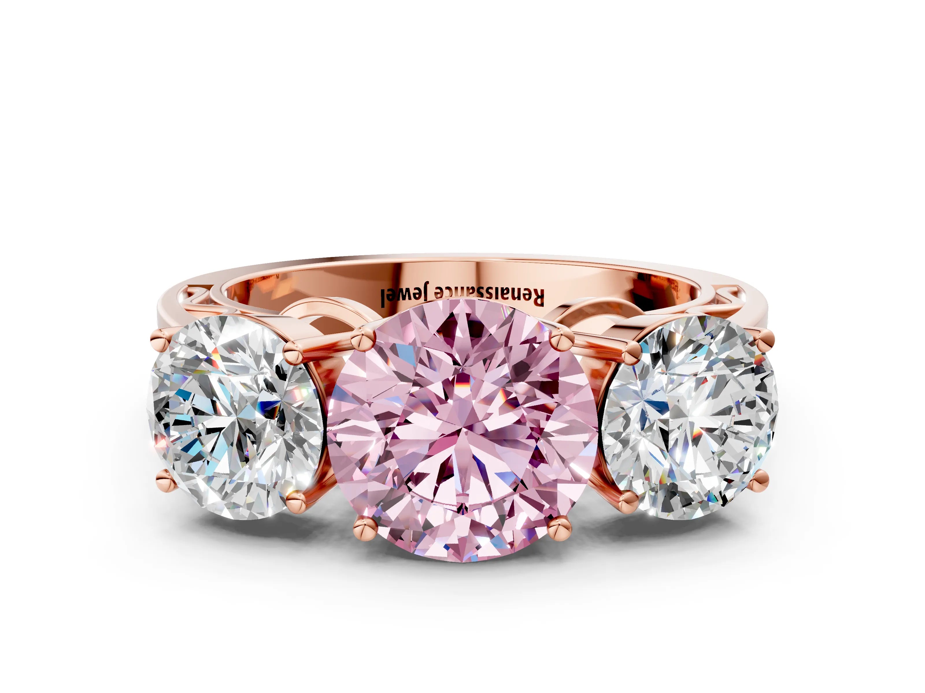 Rose gold Fancy Pink Round Cut Diamond Three-Stone Ring with Prong Setting and Textured Band