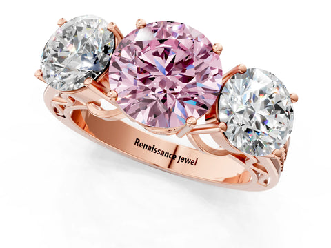 Rose gold Fancy Pink Round Cut Diamond Three-Stone Ring with Prong Setting and Textured Band_1