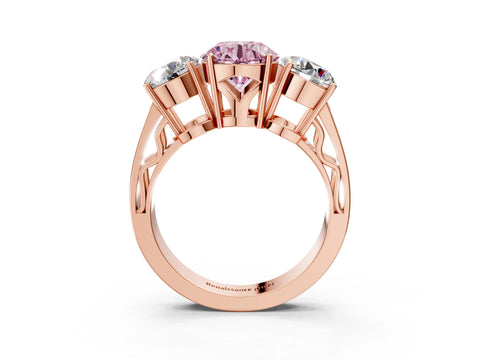 Rose gold Fancy Pink Round Cut Diamond Three-Stone Ring with Prong Setting and Textured Band_3