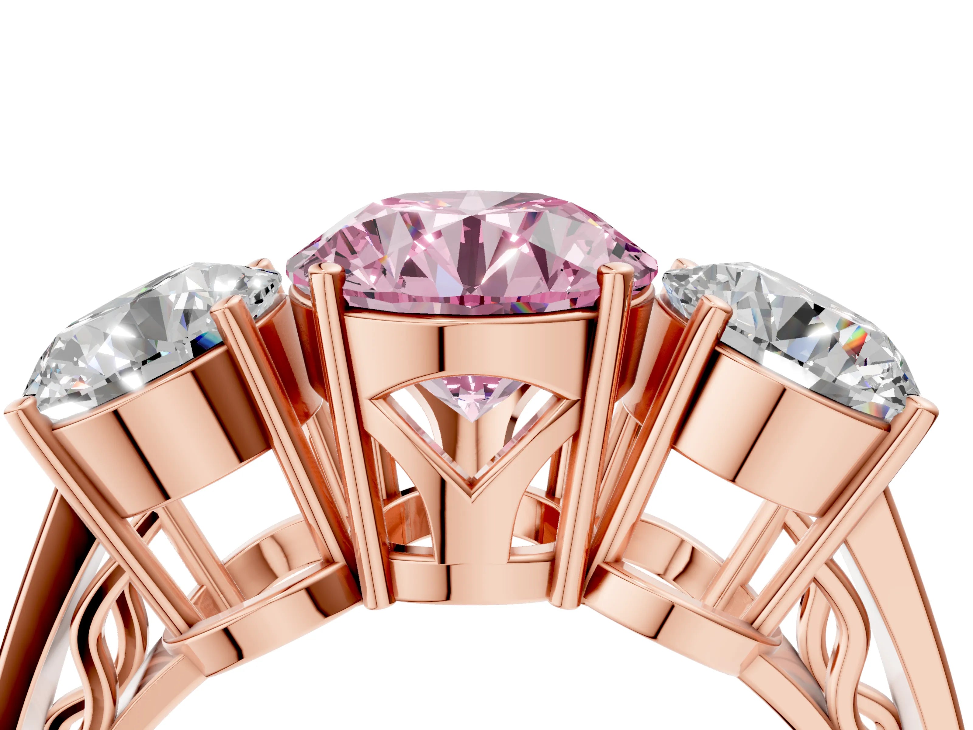 Rose gold Fancy Pink Round Cut Diamond Three-Stone Ring with Prong Setting and Textured Band_4